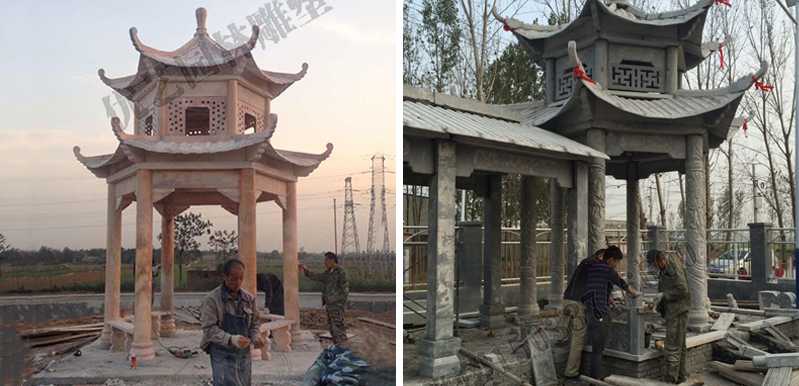 中式大理石涼亭安裝，石雕景觀亭子工廠，中式涼亭廠家