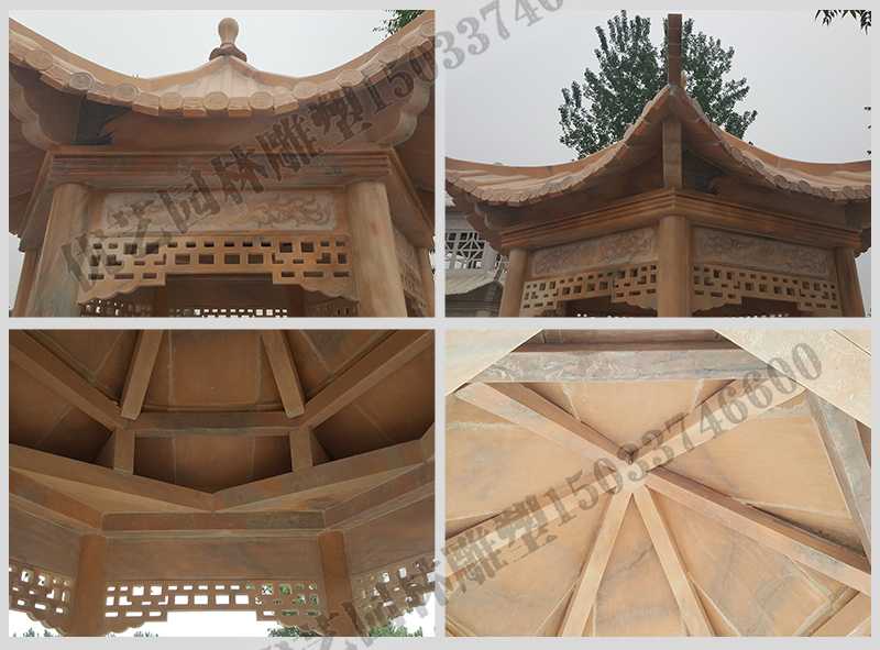 中式大理石涼亭，石雕六角亭子細節(jié)圖，定制中式景觀涼亭